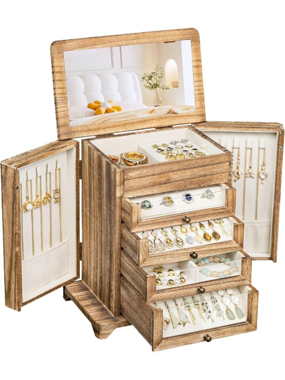Rustic Wooden Jewelry Box for Women with 4 Clear Drawers - Elegant Storage